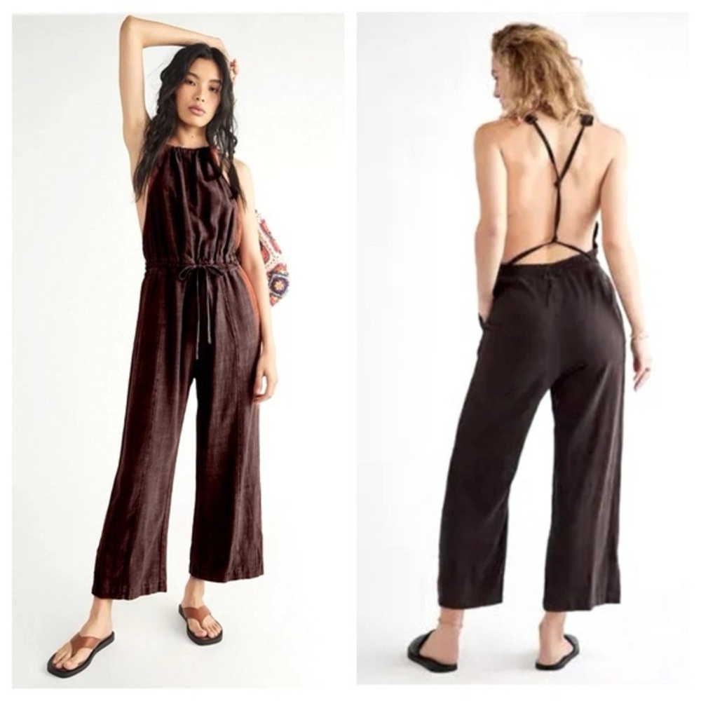 Free People Brown Backless Halter Jumpsuit